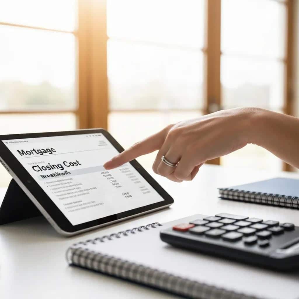Hand pointing to a closing cost breakdown displayed on a tablet