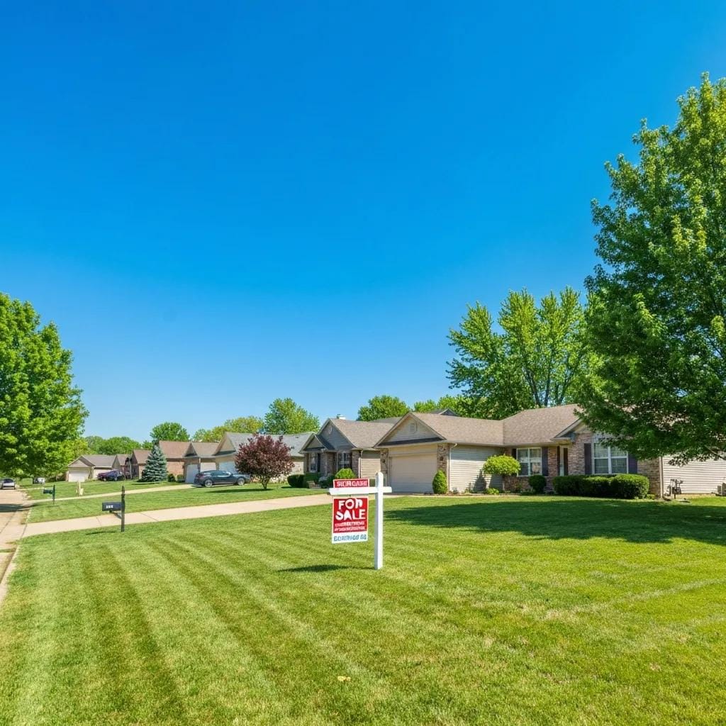 Suburban Missouri street with homes and a For Sale sign