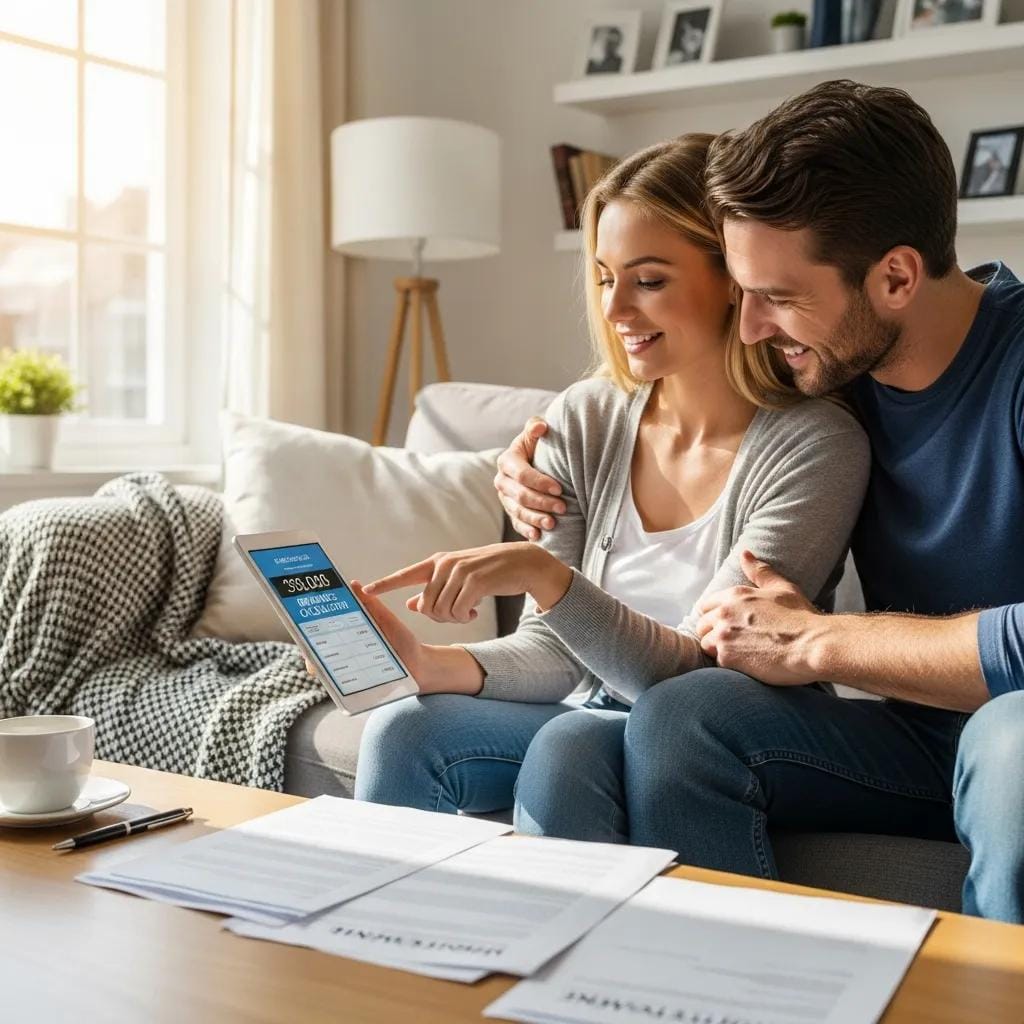 Couple reviewing refinance options and calculator results at home