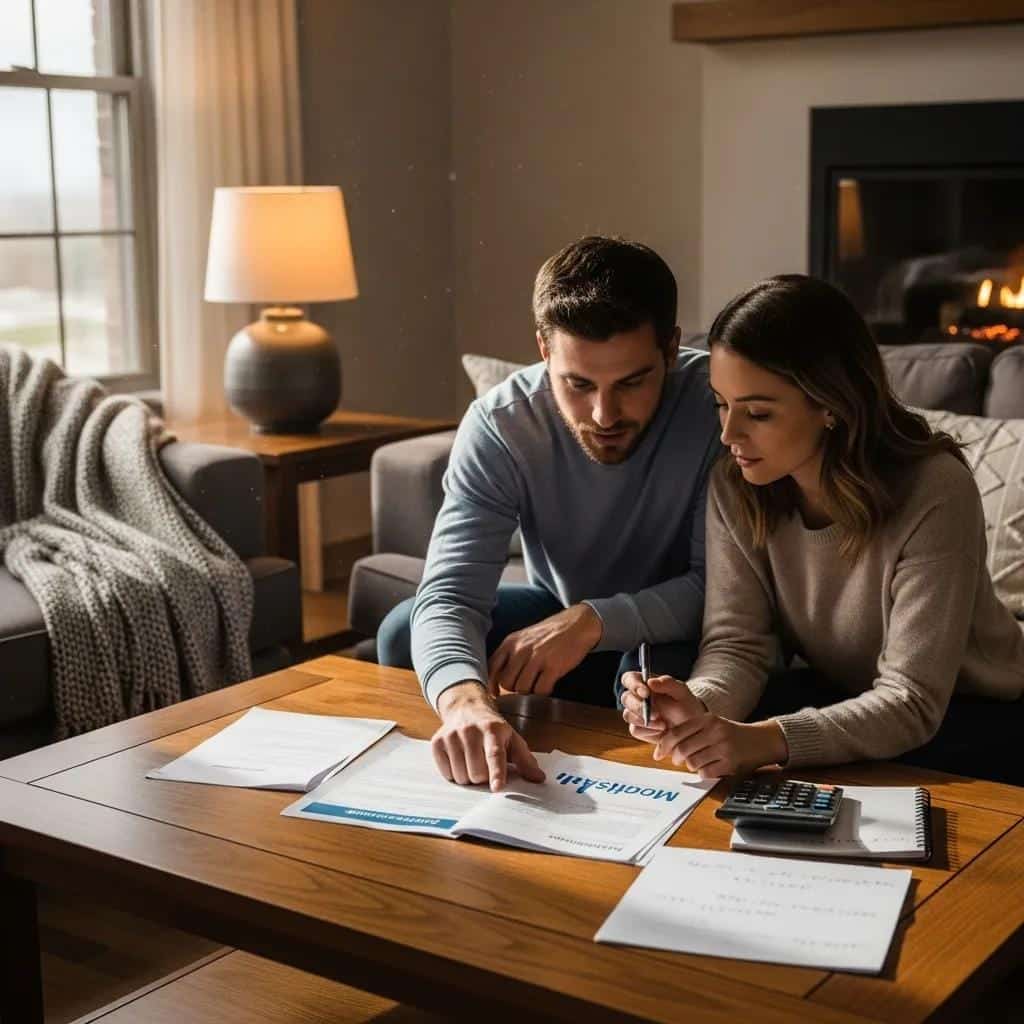 Couple reviewing mortgage paperwork together on a couch