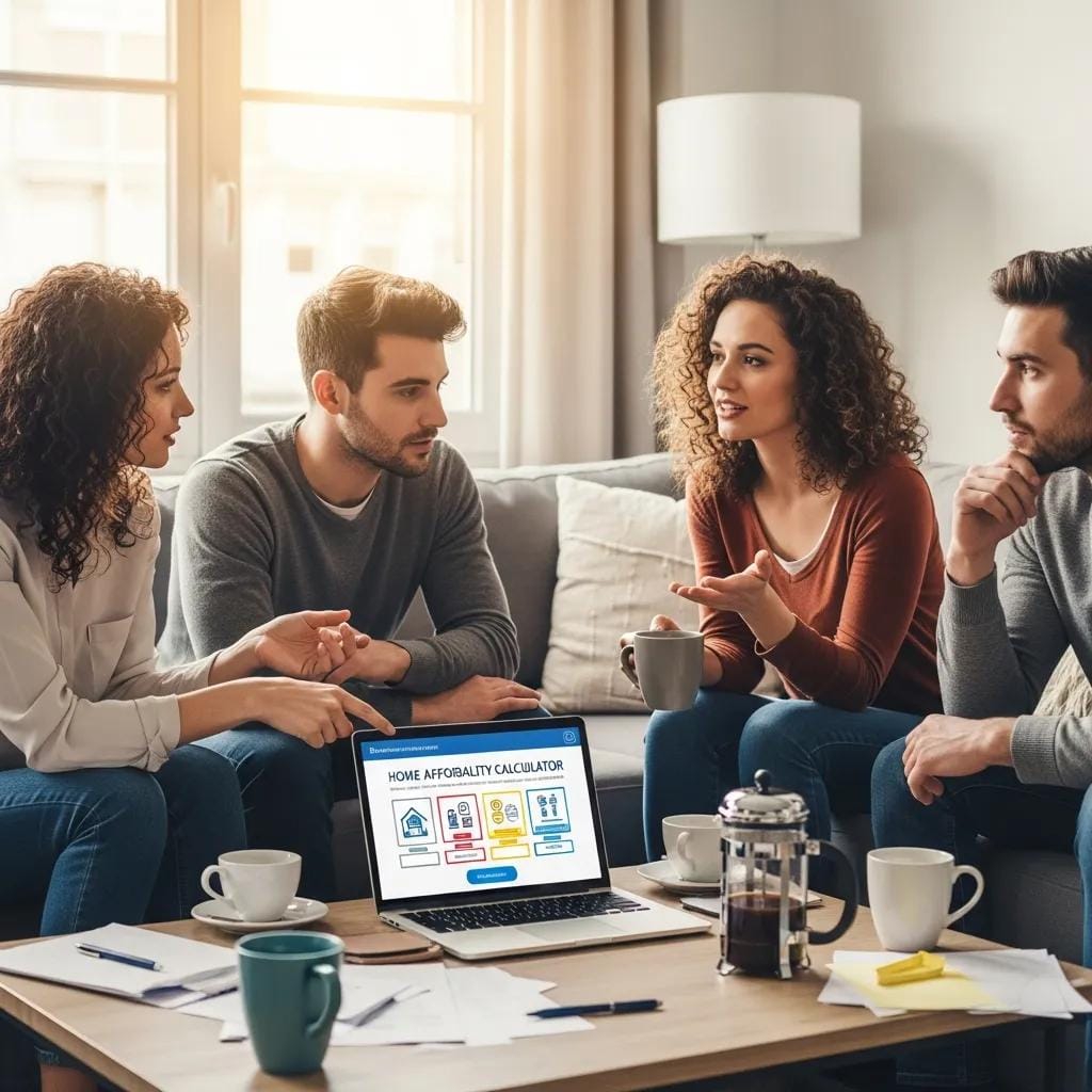Group discussing financial factors for home affordability in a modern living room