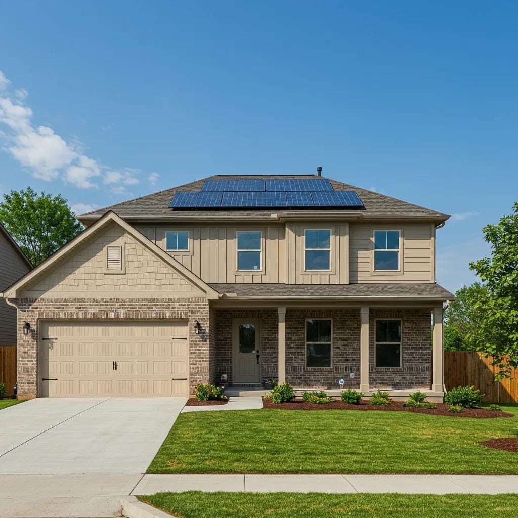 A modern new construction home in Lee's Summit showcasing energy-efficient windows and solar panels, highlighting sustainable living