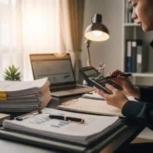 Homeowner reviewing refinance closing cost estimates and documents