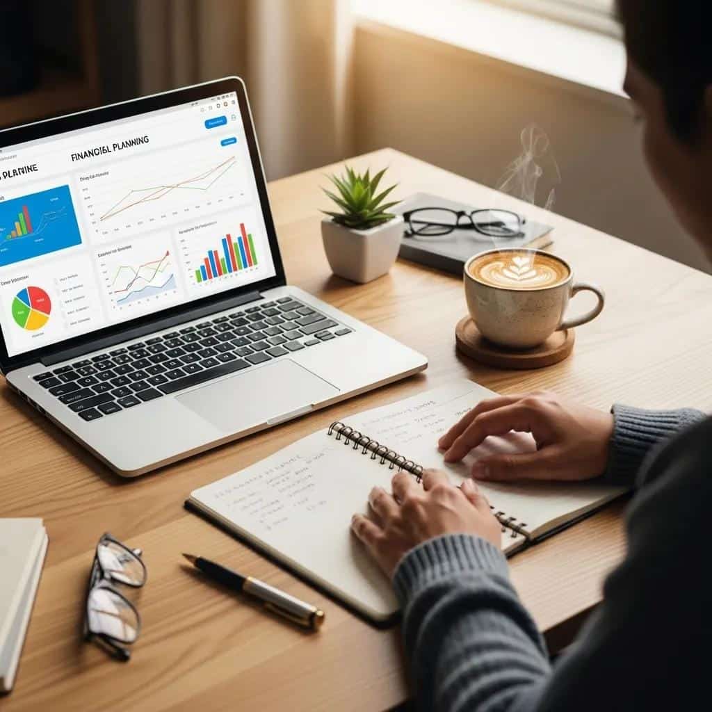 Person working through a budget at a desk with a laptop and coffee