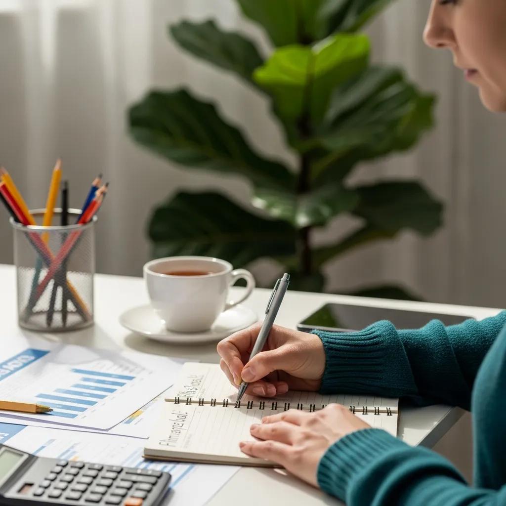 Person planning financial goals to improve home affordability at a desk