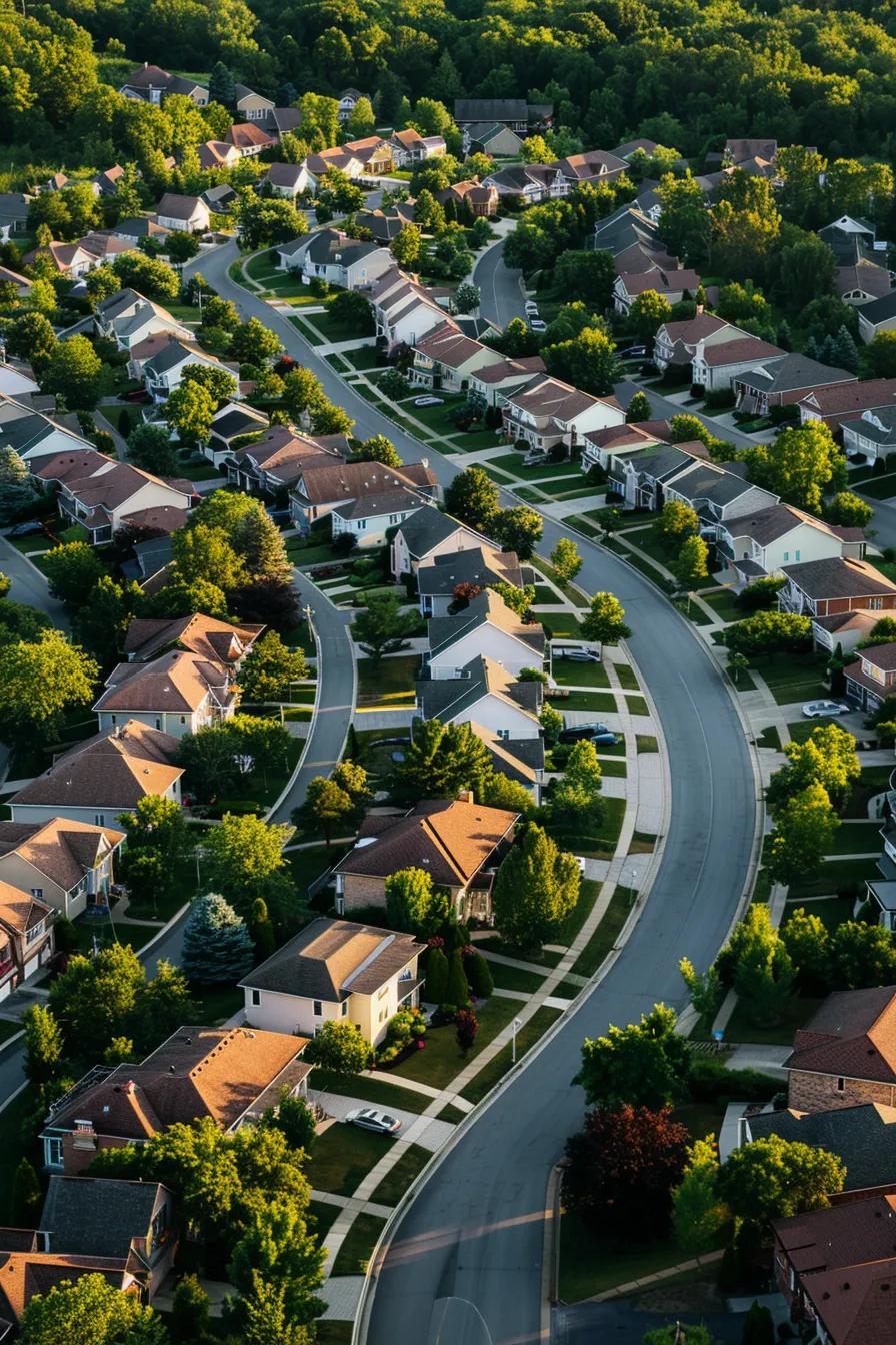 top view of homes with streets and trees no text no lettering