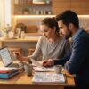 Couple discussing mortgage options with financial documents and laptop