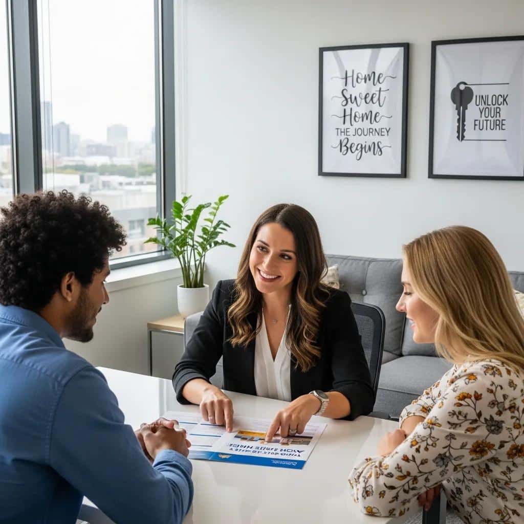 Mortgage advisor meeting with first‑time buyers in a friendly office to review homebuyer programs