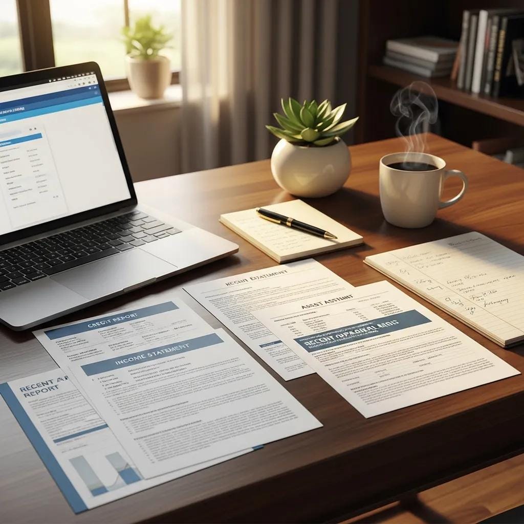 Neat desk with loan application paperwork, credit report and income documents ready for review