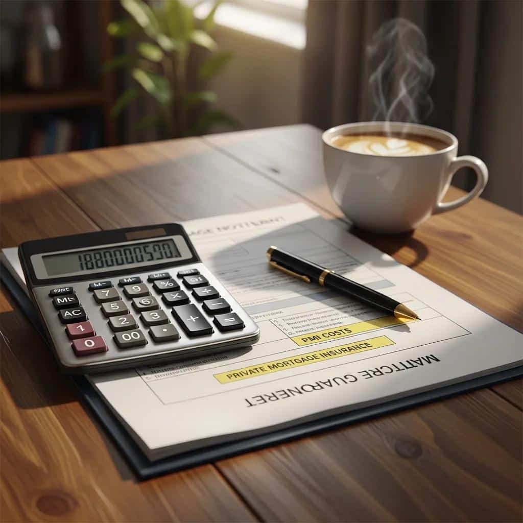 Calculator and mortgage paperwork on a table, showing PMI cost calculation