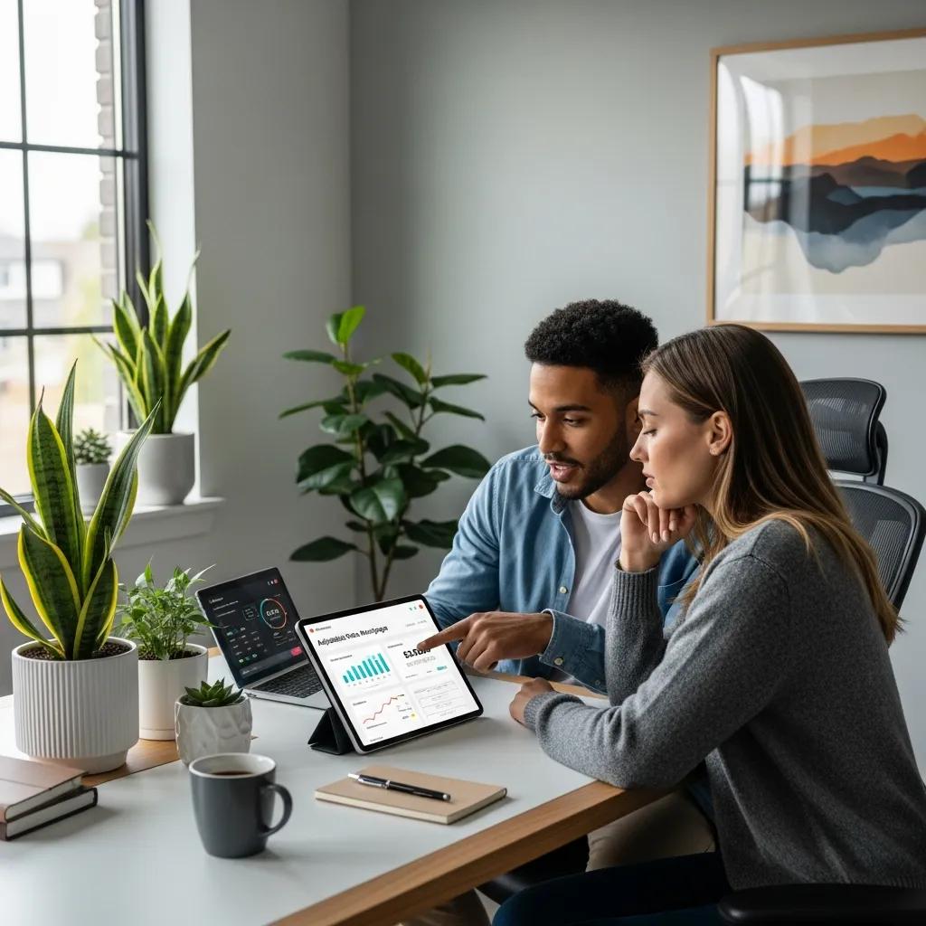 Young couple reviewing adjustable-rate mortgage paperwork at a home office — weighing early savings against future changes